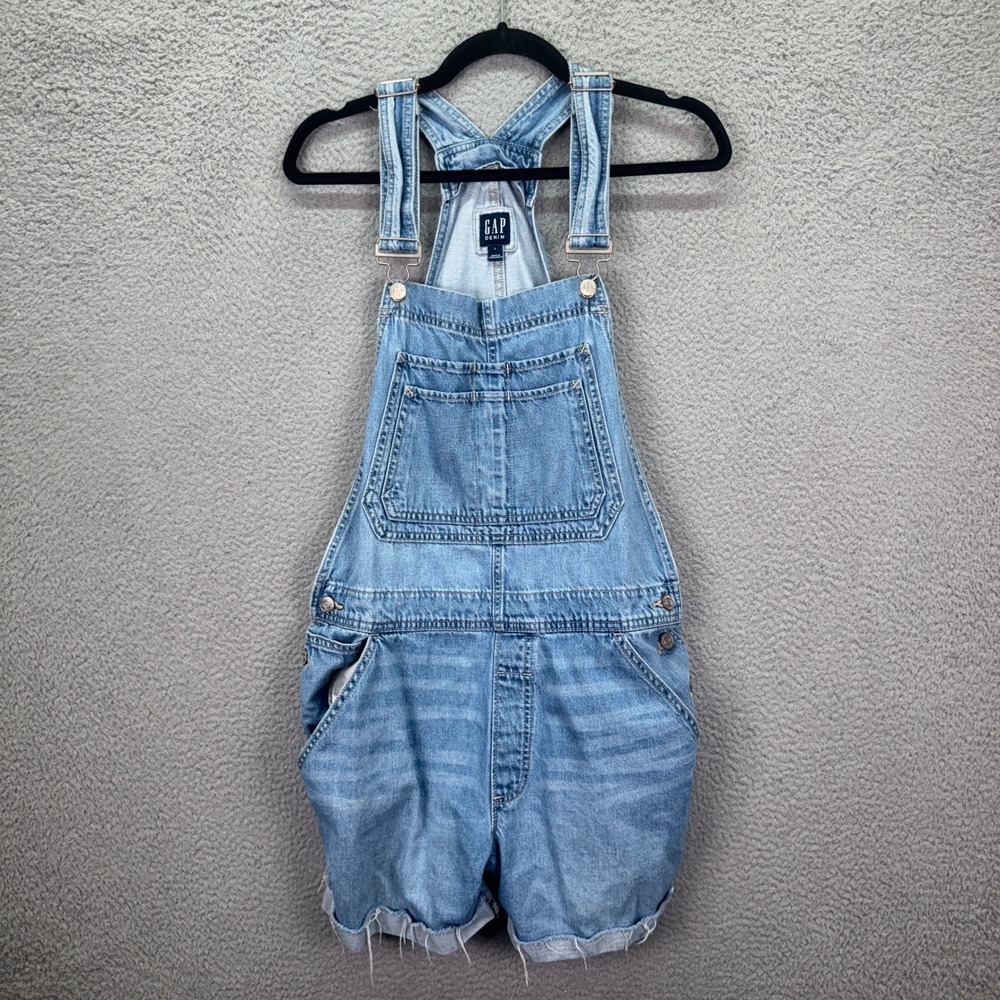 Gap Overalls Womens L Blue Denim Light Wash Raw Hem Jean Shortalls Y2K Preppy